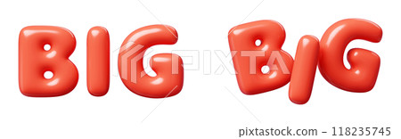 Big red Inflatable flying word for promotion design. 3D render illustration of sale and discount floating text design element. Balloon cartoon volumetric sign for special offer advertising. 118235745
