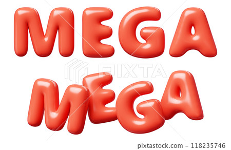 Mega red Inflatable flying word for promotion design. 3D render illustration of sale and discount floating text design element. Balloon cartoon volumetric sign for special offer advertising. 118235746