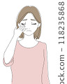 Woman with one hand on face, skin care, sad face 118235868