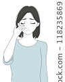Woman with one hand on face, skin care, sad face 118235869