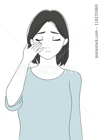Woman with one hand on face, skin care, sad face 118235869