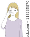 Woman with one hand on face, skin care, sad face 118235870