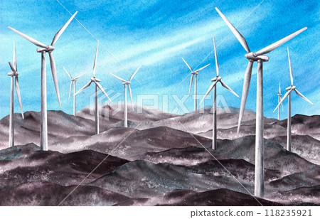 Blue sky with windmills, wind turbine on mountains ranges. Watercolor landscape Hand drawn illustration. Eco clipart. Climate concept, Wind Energy, environmental protection isolated from background 118235921