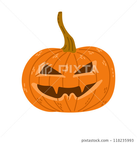 Hand drawn scary Halloween pumpkin jack o lantern in flat style. Spooky design for autumn holiday isolated on white background. Cute angry and creepy decoration 118235993