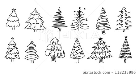 Winter black outline doodle set with Christmas trees. Monochrome contour stickers. Vector clipart of sketchy drawings isolated on white background 118235996