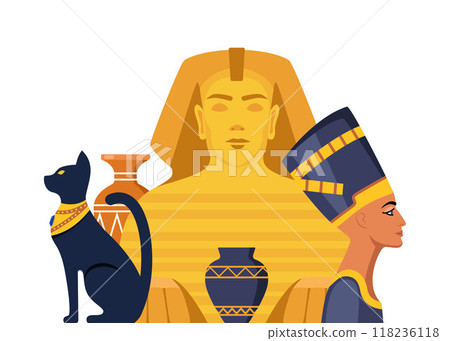 Ancient Egypt elements composition. Gods, deities and mythological creatures from Egyptian mythology and religion, sacred animals, symbols, architecture and sculpture. Vector illustration. 118236118