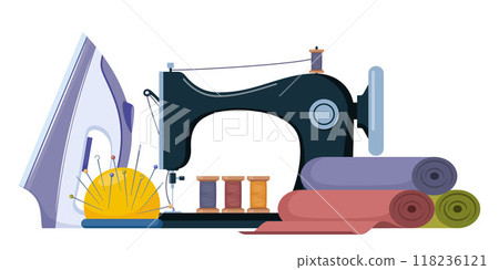 Dressmaking icons composition. Tailors accessories, supplies and equipment to sew cloth. Tailoring studio. Vector. 118236121