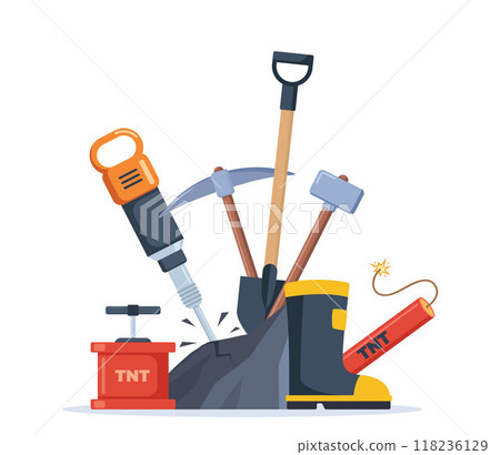Mining coal industry icons composition. Tools and equipment for manufacture, truck and mine, mineral fuel, miner symbol, signs of machinery and dump. Vector illustration. Mining coal industry icons composition. Tools and equipment for manufacture, truck and mine, mineral fuel, miner symbol, signs of machinery and dump. Vector illustration. 118236129
