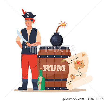 Pirate elements composition. Funny pirate party icons. Vector illustration. 118236144