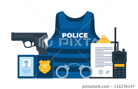 Police professional equipment for pursue and capture a criminal. Police icons composition. Vector illustration. Police professional equipment for pursue and capture a criminal. Police icons composition. Vector illustration. 118236147