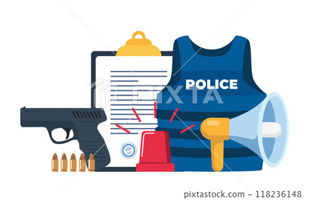 Police professional equipment for pursue and capture a criminal. Police icons composition. Vector illustration. 118236148