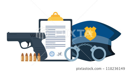 Police professional equipment for pursue and capture a criminal. Police icons composition. Vector illustration. Police professional equipment for pursue and capture a criminal. Police icons composition. Vector illustration. 118236149