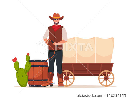 Wild West icons composition. Western and cowboy elements. Texas symbols. Vector. 118236155
