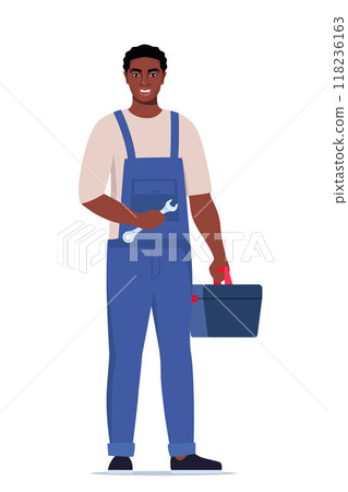 African American black repairman or mechanic with a toolbox. Man character in uniform with wrench in his hand. Vector illustration. 118236163
