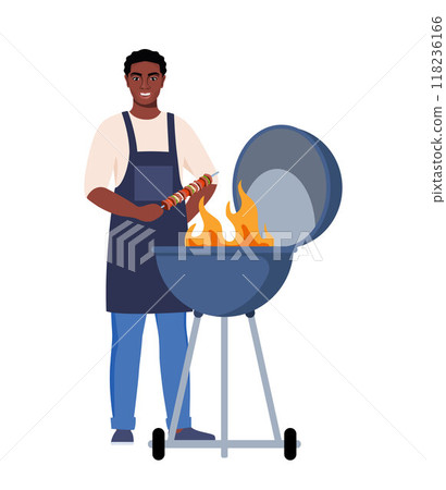 African American man cooking barbecue grill. Barbecue scene. Smiling man holds kebabs. Fry meat on fire. Vector illustration. African American man cooking barbecue grill. Barbecue scene. Smiling man holds kebabs. Fry meat on fire. Vector illustration. 118236166