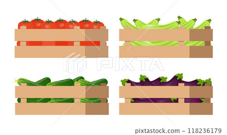 Wooden box with autumn vegetables. Harvest. Fresh natural foods. Cart with product buy in supermarket. Diet and organic food. Vector. 118236179