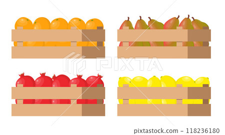 Wooden box with autumn fruits. Harvest. Fresh natural foods. Cart with product buy in supermarket. Diet and organic food. Vector. 118236180