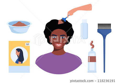 Hair coloring process and elements. Hair dye, brush, comb, bowl, gloves, oxidizer, hair balm. Tools and cosmetic products for hair care. Elements for beauty salon. Vector illustration. 118236191