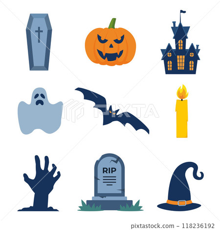 Halloween design elements. Halloween clip arts with traditional symbols, perfect for party invitation, greeting card, flyer, banner, poster. Vector illustration. 118236192