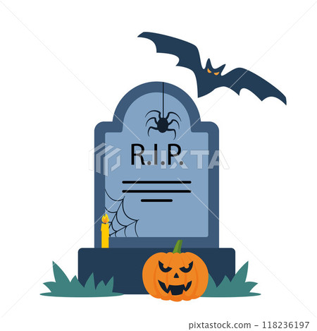 Halloween grave, bat, pumpkin. Old gravestone with cracks. tomb on white background. Granite plate with fissure. Vector illustration. 118236197