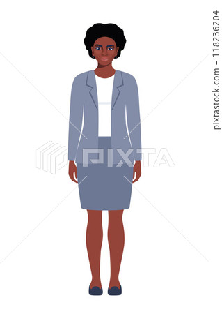 Elegant young black woman in business suit. Flat style illustration of a handsome successful businesswoman. Elegant young black woman in business suit. Flat style illustration of a handsome successful businesswoman. 118236204