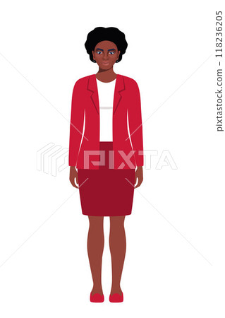 Elegant young black woman in business suit. Flat style illustration of a handsome successful businesswoman. 118236205