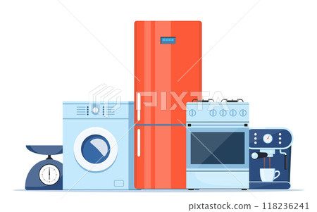 Household electric devices composition. Home appliance set. Domestic equipment. House electronics. Vector illustration. Household electric devices composition. Home appliance set. Domestic equipment. House electronics. Vector illustration. 118236241