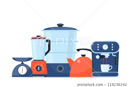 Household electric devices composition. Home appliance set. Domestic equipment. House electronics. Vector illustration. 118236242