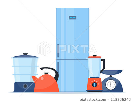 Household electric devices composition. Home appliance set. Domestic equipment. House electronics. Vector illustration. 118236243
