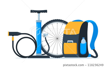 Bicycle equipment composition. Cyclist gear, sportswear for biker, track accessories for extreme sport training isolated on white. Vector illustration. 118236249