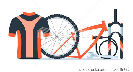 Bicycle equipment composition. Cyclist gear, sportswear for biker, track accessories for extreme sport training isolated on white. Vector illustration. Bicycle equipment composition. Cyclist gear, sportswear for biker, track accessories for extreme sport training isolated on white. Vector illustration. 118236252