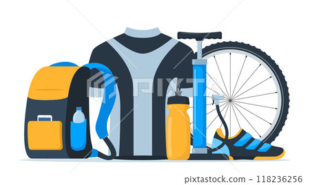 Bicycle equipment composition. Cyclist gear, sportswear for biker, track accessories for extreme sport training isolated on white. Vector illustration. 118236256