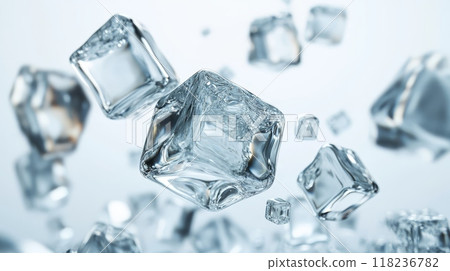 Transparent crystal cubes floating in air 118236782