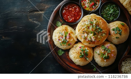 Top view of Indian flatbreads on wooden plate 118236786