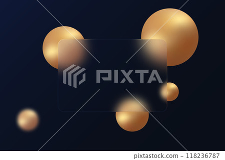 Glass morphism effect. Floating gold spheres and transparent glass partition. 118236787