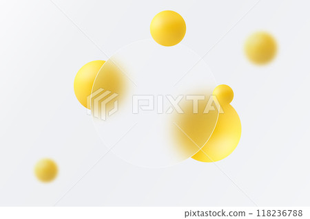 Yellow spheres with defocused transparent frame. Abstract background in glass morphism style. Yellow spheres with defocused transparent frame. Abstract background in glass morphism style. 118236788