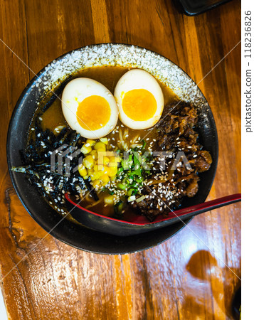 Ramen noodles with meat in soup 118236826
