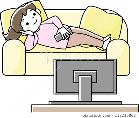 一個女人在沙發上放鬆看電視 一個女人在沙發上放鬆看電視 118236868