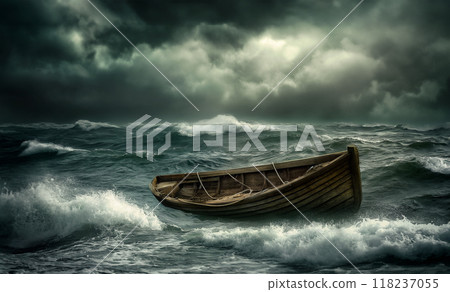 dramatic night landscape with an old boat in the stormy ocean 118237055