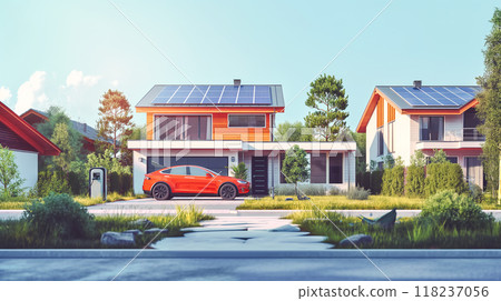 modern house building in suburb area with solar panels and electric car charging in yard 118237056