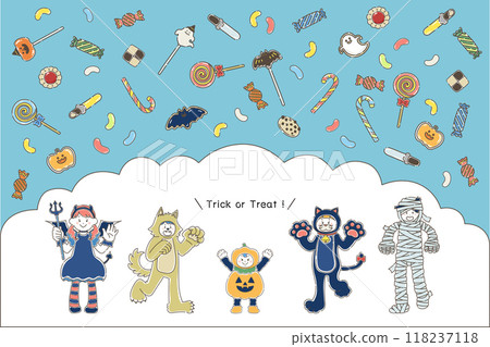 穿著萬聖節服裝和糖果的兒童的鬆散插圖（集） 118237118