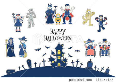 萬聖節背景的鬆散插圖（組），多代人穿著萬聖節服裝 118237122