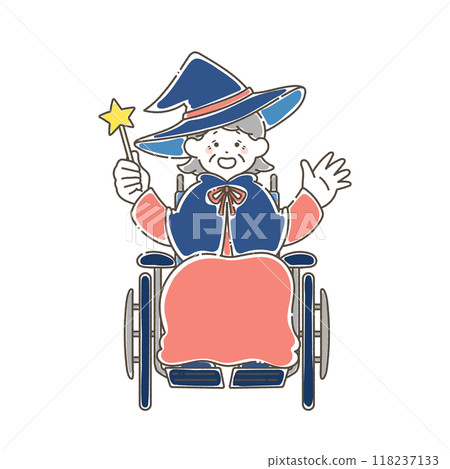 A relaxed illustration of a senior woman in a wheelchair dressed up for Halloween 118237133