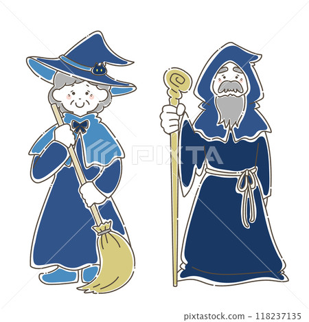 A relaxed illustration of senior men and women dressed up for Halloween 118237135