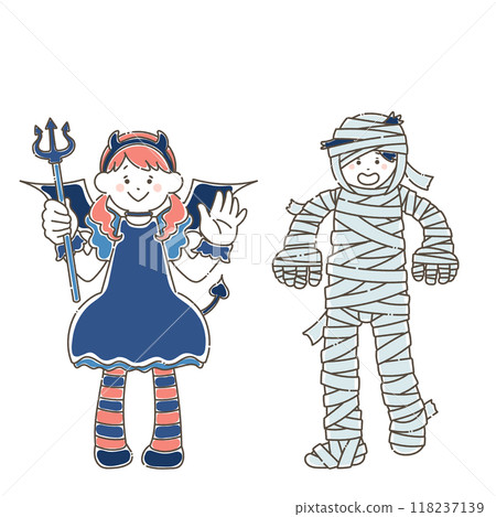 穿著萬聖節服裝的男孩和女孩的寬鬆插圖[木乃伊/小惡魔] 118237139