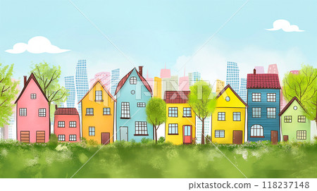 skyline of family colorful houses in sustainable city with green trees illustration 118237148