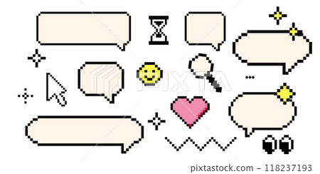 Set of pixel art cloud bubble quote box speech bubble dialog retro 8 bit arcade game interface, manga. Comic chat rectange pixel elements, arrow, star, heart. 118237193