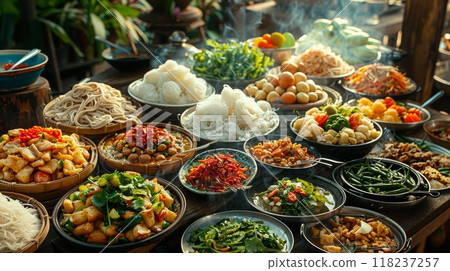 Bowls of fresh food ingredients, fruits and vegetables 118237257