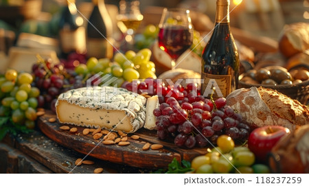 Photo of delicious pieces of cheese and wine 118237259