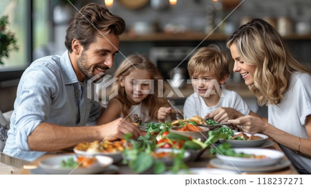 Warm and inviting image of a family gathering around a table, enjoying a home-cooked meal together 118237271